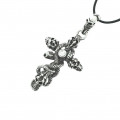 Cross Of Skulls With Diamante Centre Pendant - Corded Necklace